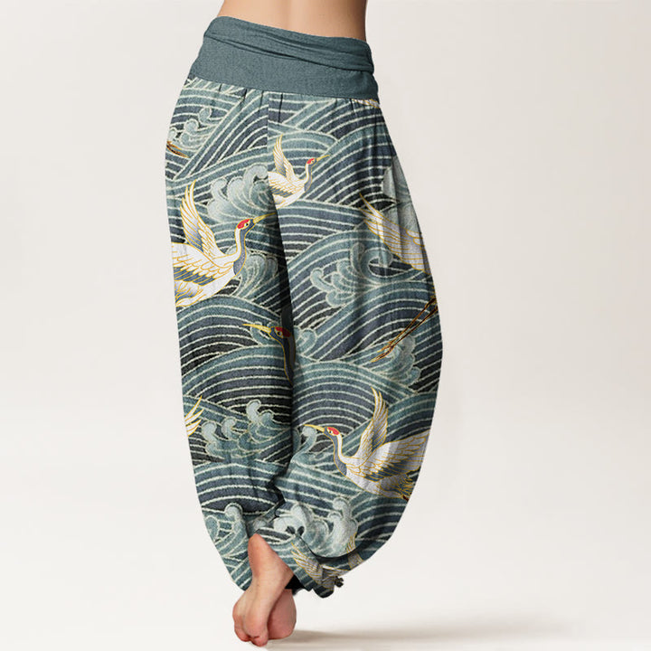 Buddha Stonesカジュアルクレーンオーシャンウェーブ柄伸縮性ウエストレディースハーレムパンツ - image 6