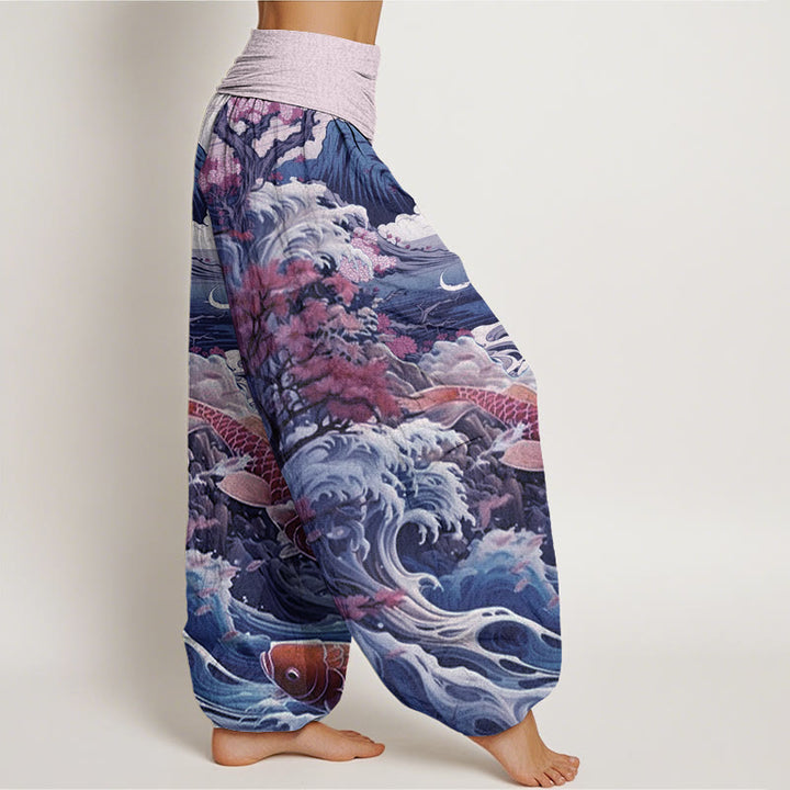 Buddha Stonesコットン カジュアル ブロッサミングツリー鯉波 山柄 レディース 伸縮性ウエスト ハーレムパンツ - image 6