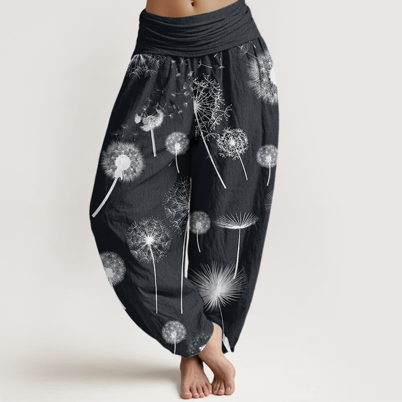 Buddha Stonesコットン カジュアル タンポポ柄 レディース 伸縮性ウエスト ハーレムパンツ - 黒 - US22、 UK/AU26、 EU54 (6XL) - image 0