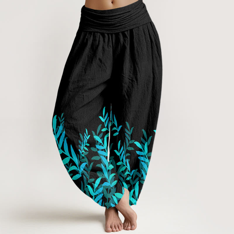 Buddha Stonesコットンカジュアルリーフ柄レディース伸縮性ウエストハーレムパンツ - 黒 - US22、 UK/AU26、 EU54 (6XL) - image 0