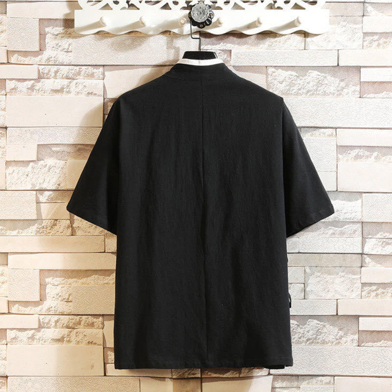 Buddha Stones唐装刺繍鶴柄サイドレースアップメンズコットンリネン半袖Tシャツ - image 1