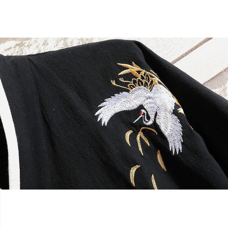 Buddha Stones唐装刺繍鶴柄サイドレースアップメンズコットンリネン半袖Tシャツ - image 4