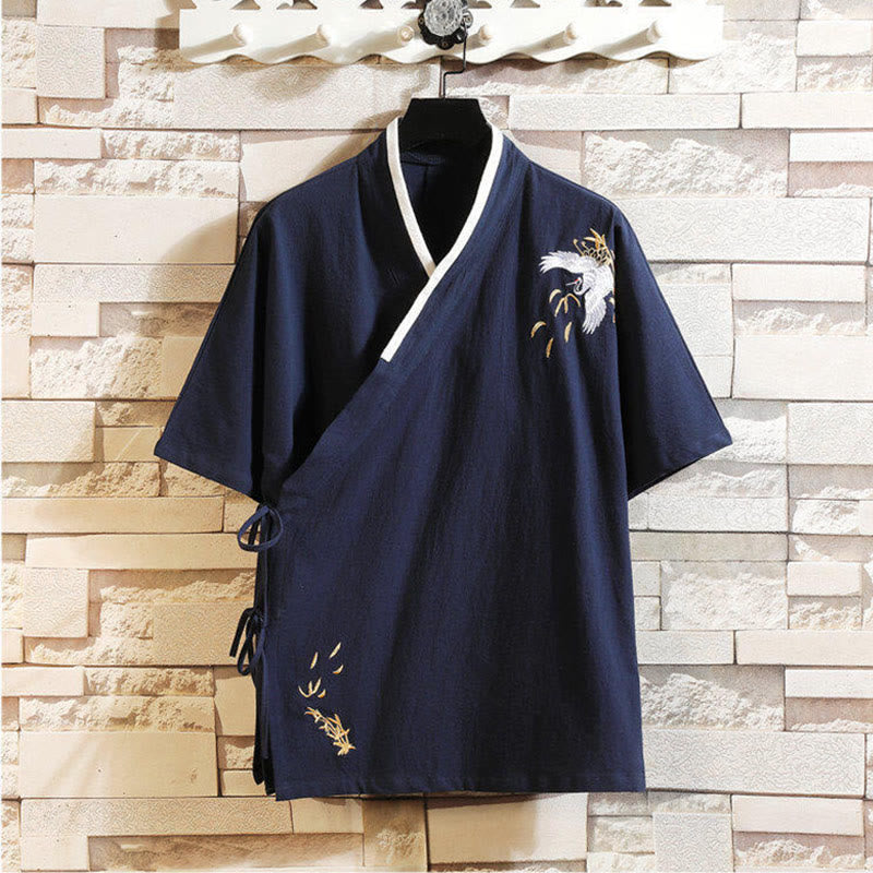 Buddha Stones唐装刺繍鶴柄サイドレースアップメンズコットンリネン半袖Tシャツ - ミッドナイトブルー - US/UK/AU46、 EU56 (5XL) - image 13