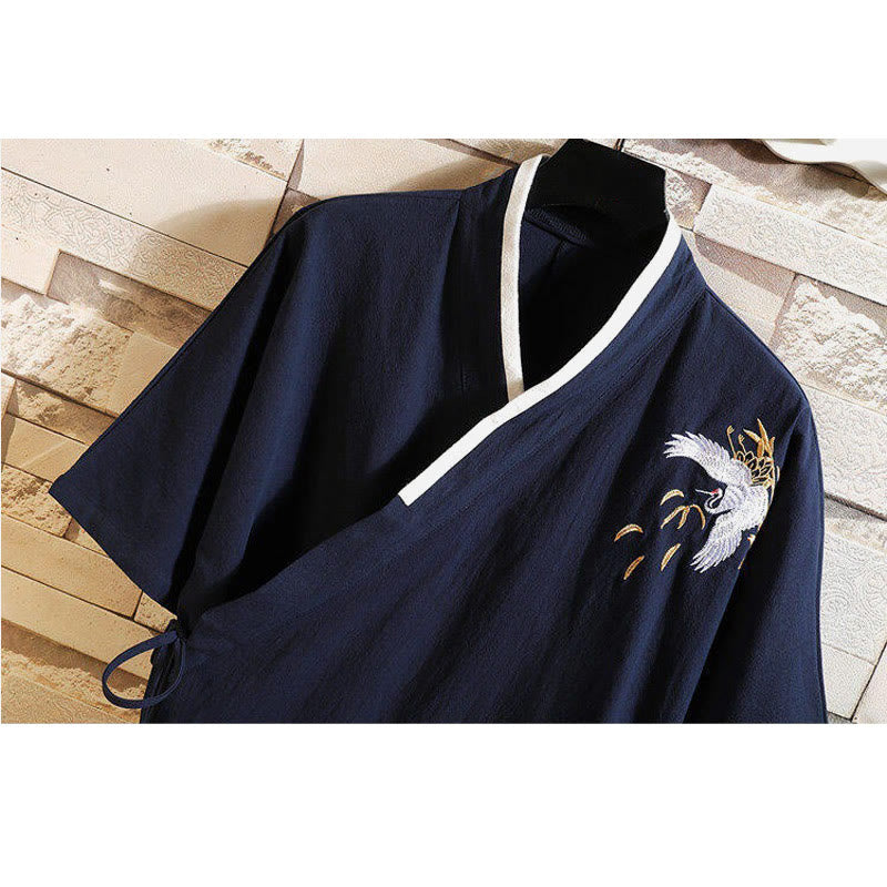 Buddha Stones唐装刺繍鶴柄サイドレースアップメンズコットンリネン半袖Tシャツ - image 14