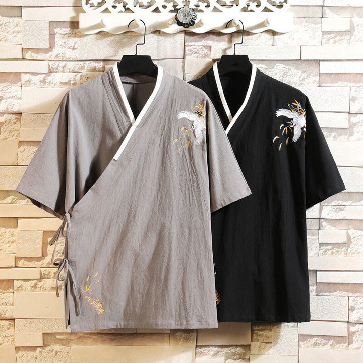 Buddha Stones唐装刺繍鶴柄サイドレースアップメンズコットンリネン半袖Tシャツ - image 12