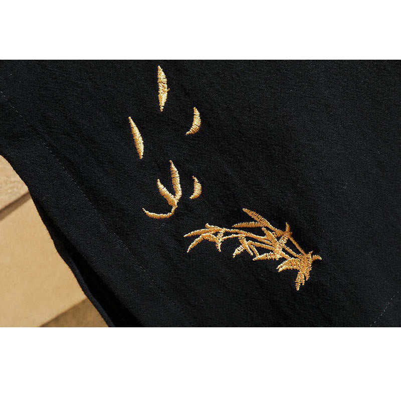 Buddha Stones唐装刺繍鶴柄サイドレースアップメンズコットンリネン半袖Tシャツ - image 7