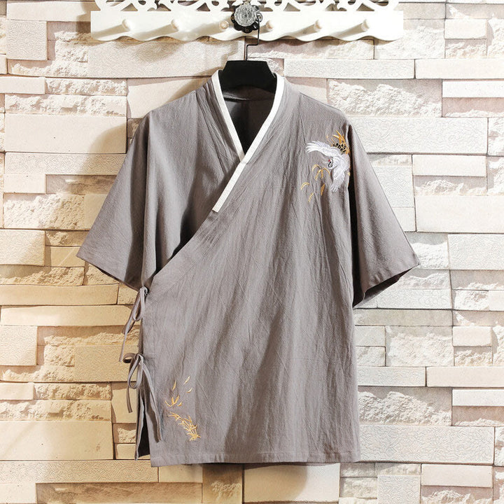 Buddha Stones唐装刺繍鶴柄サイドレースアップメンズコットンリネン半袖Tシャツ - 銀 - US/UK/AU46、 EU56 (5XL) - image 10