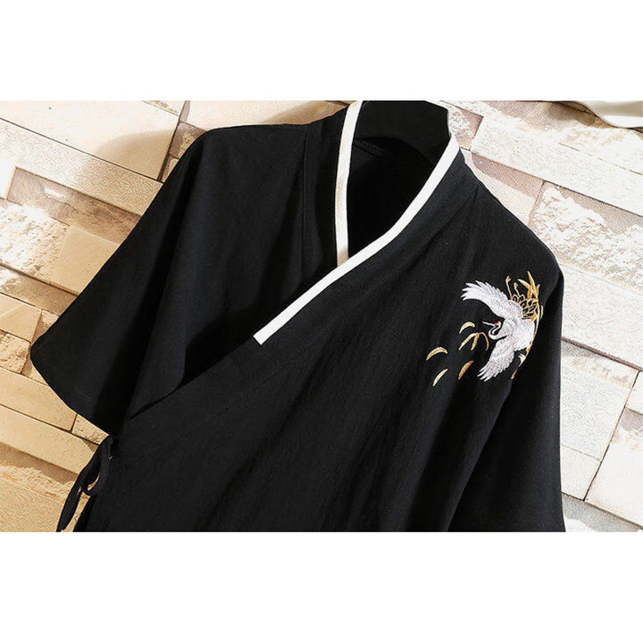 Buddha Stones唐装刺繍鶴柄サイドレースアップメンズコットンリネン半袖Tシャツ - image 2