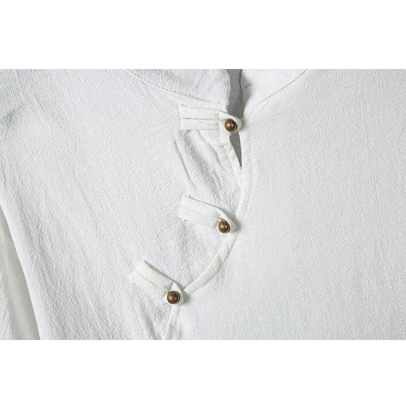 Buddha Stones夏 中国風 カエルボタン プリント メンズ 無地 パッチワーク 半袖 コットンリネン シャツ - image 3