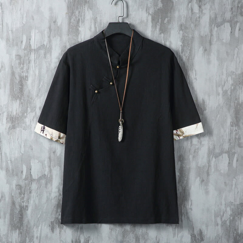 Buddha Stones夏 中国風 カエルボタン プリント メンズ 無地 パッチワーク 半袖 コットンリネン シャツ - 黒 - US/UK/AU46、 EU56 (5XL) - image 7