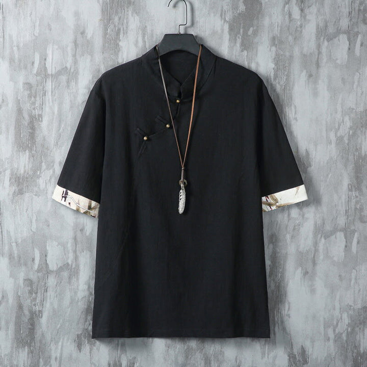 Buddha Stones夏 中国風 カエルボタン プリント メンズ 無地 パッチワーク 半袖 コットンリネン シャツ - 黒 - US/UK/AU46、 EU56 (5XL) - image 7