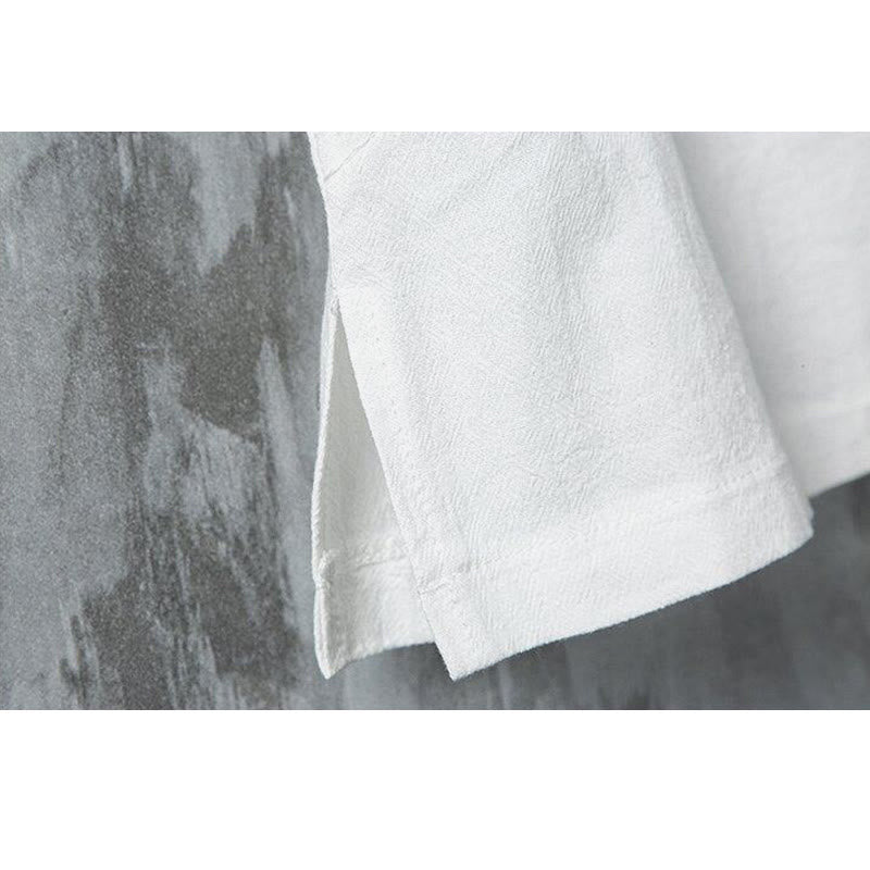 Buddha Stones夏 中国風 カエルボタン プリント メンズ 無地 パッチワーク 半袖 コットンリネン シャツ - image 6