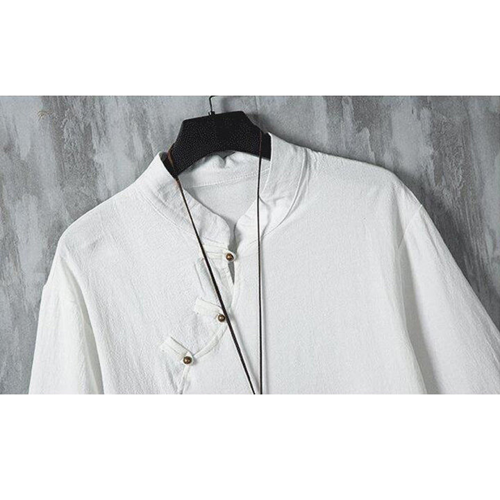 Buddha Stones夏 中国風 カエルボタン プリント メンズ 無地 パッチワーク 半袖 コットンリネン シャツ - image 2