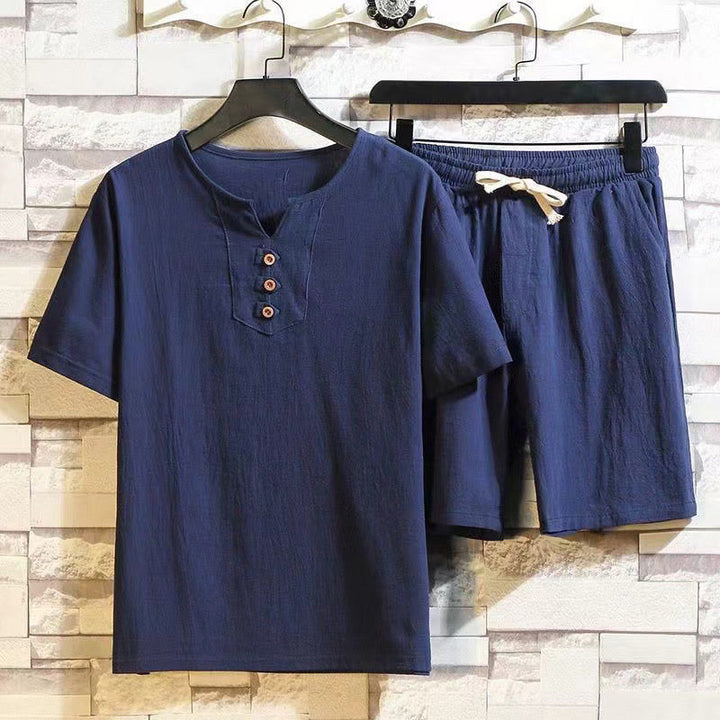 Buddha Stones 2点セット 半袖Tシャツ ドローストリング ショートパンツ ポケット付き メンズ コットンリネン 瞑想用クロスセット - 海軍 - US/UK/AU46、 EU56 (5XL) - image 0