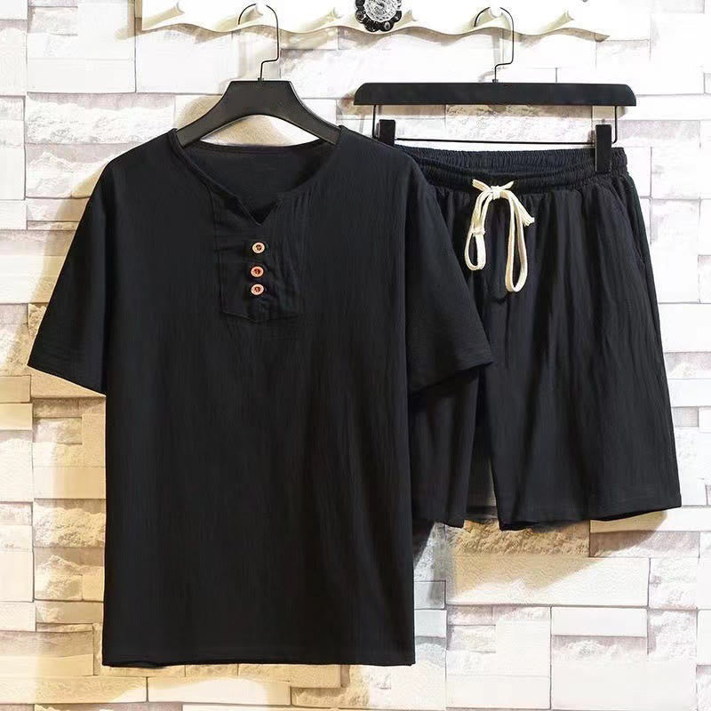 Buddha Stones 2点セット 半袖Tシャツ ドローストリング ショートパンツ ポケット付き メンズ コットンリネン 瞑想用クロスセット - 黒 - US/UK/AU46、 EU56 (5XL) - image 9