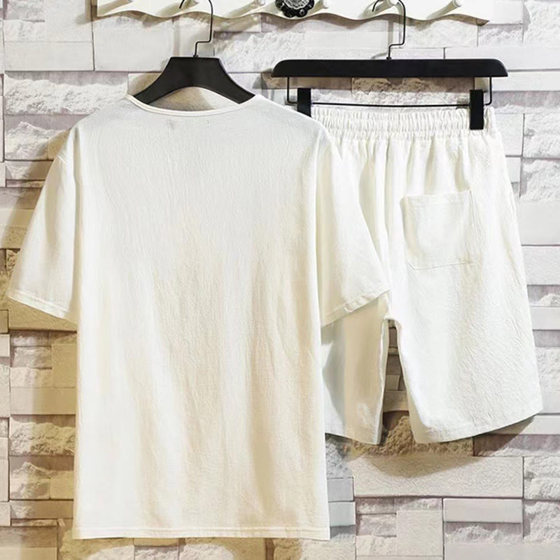 Buddha Stones 2点セット 半袖Tシャツ ドローストリング ショートパンツ ポケット付き メンズ コットンリネン 瞑想用クロスセット - image 3