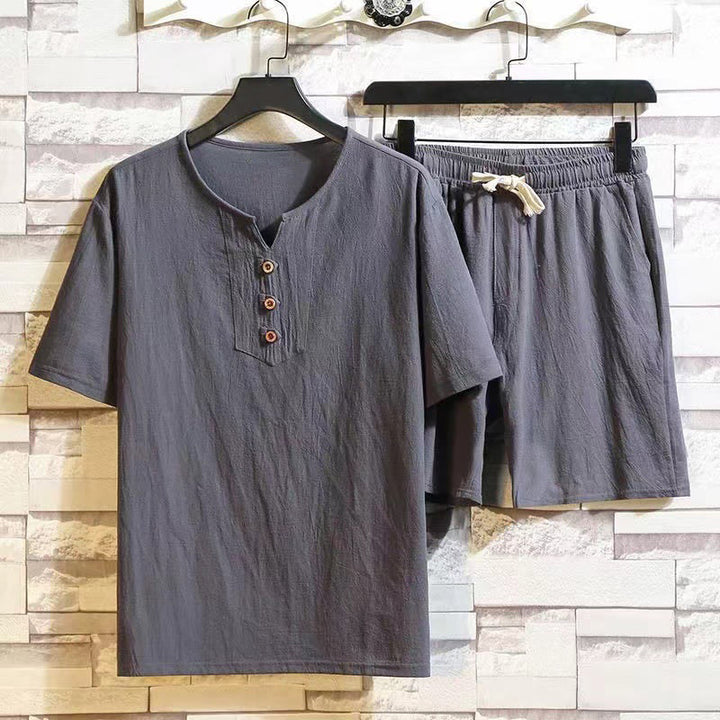 Buddha Stones 2点セット 半袖Tシャツ ドローストリング ショートパンツ ポケット付き メンズ コットンリネン 瞑想用クロスセット - 薄暗い灰色 - US/UK/AU46、 EU56 (5XL) - image 7