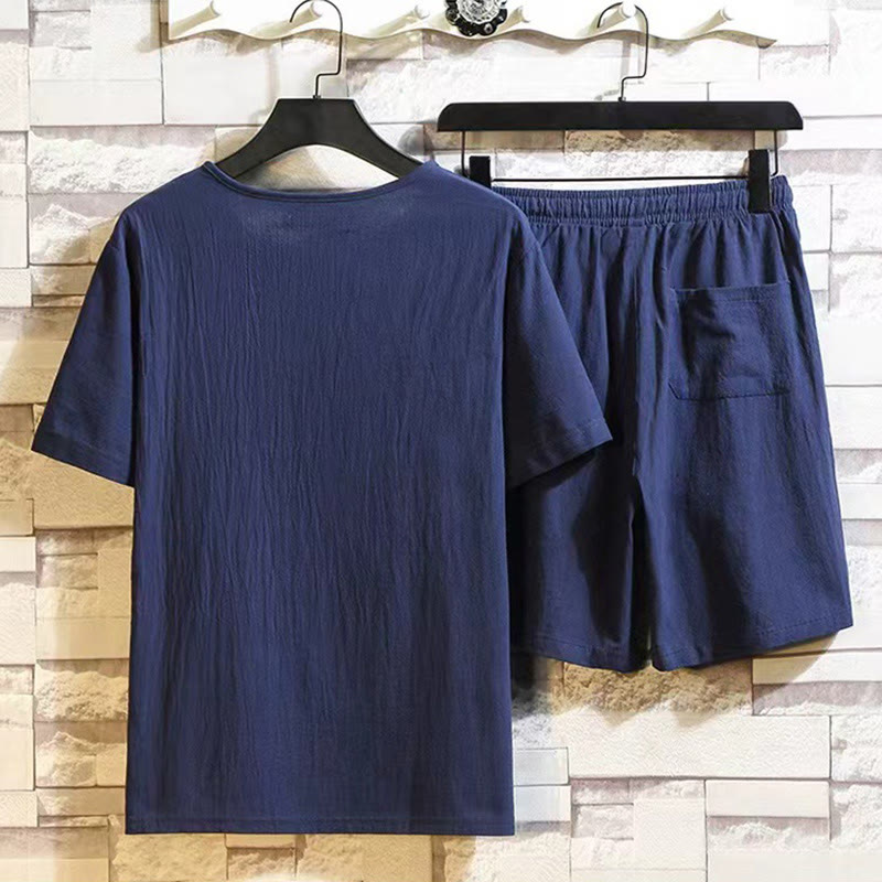 Buddha Stones 2点セット 半袖Tシャツ ドローストリング ショートパンツ ポケット付き メンズ コットンリネン 瞑想用クロスセット - image 1