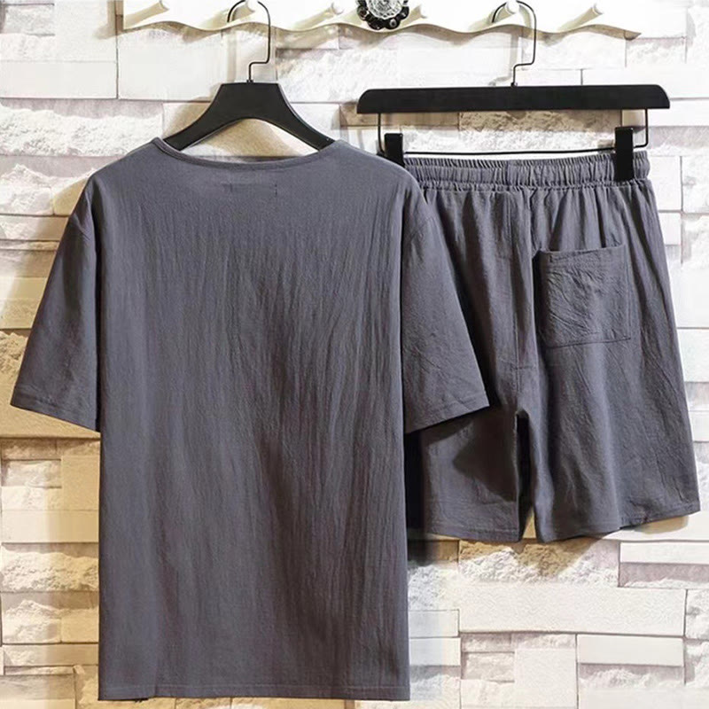 Buddha Stones 2点セット 半袖Tシャツ ドローストリング ショートパンツ ポケット付き メンズ コットンリネン 瞑想用クロスセット - image 8