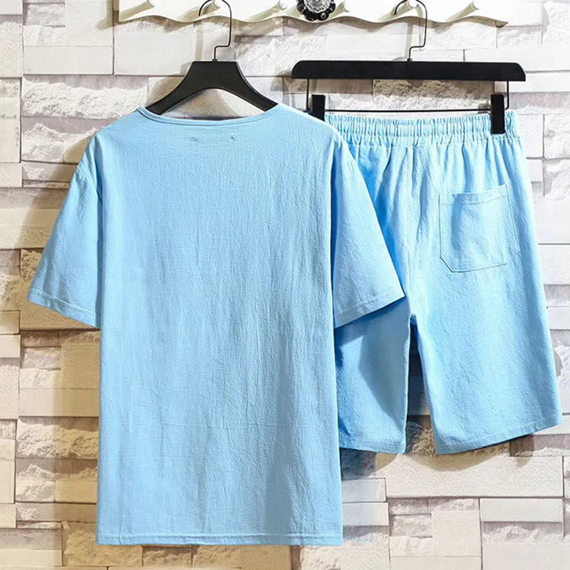 Buddha Stones 2点セット 半袖Tシャツ ドローストリング ショートパンツ ポケット付き メンズ コットンリネン 瞑想用クロスセット - image 14