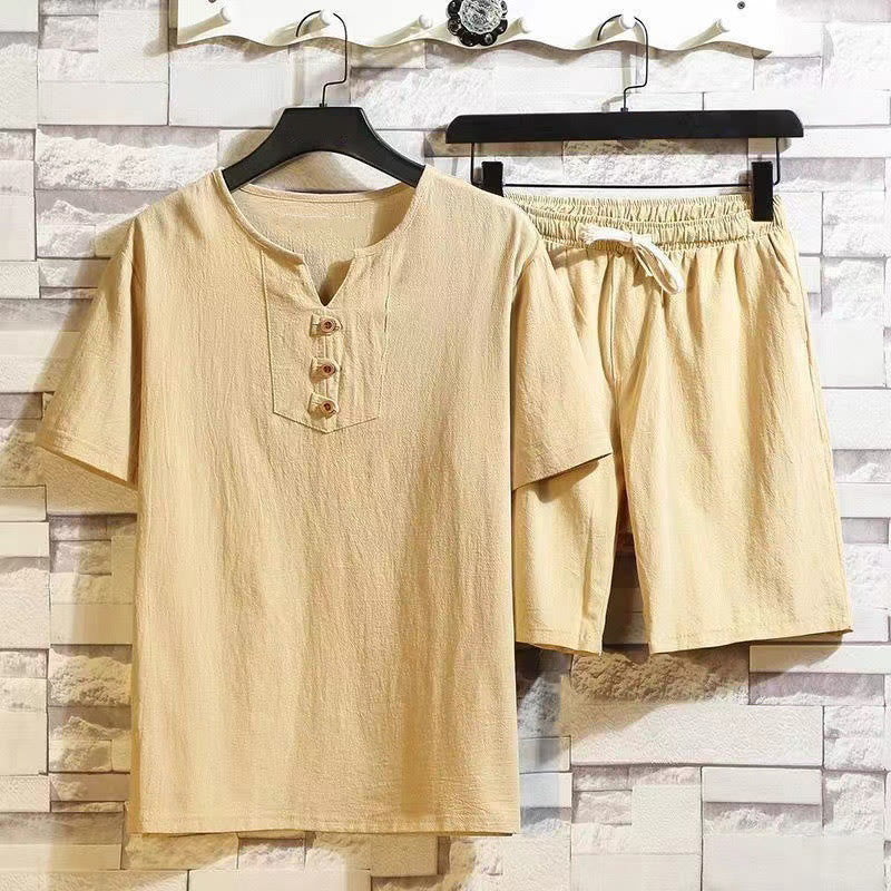 Buddha Stones 2点セット 半袖Tシャツ ドローストリング ショートパンツ ポケット付き メンズ コットンリネン 瞑想用クロスセット - カーキ - US/UK/AU46、 EU56 (5XL) - image 11