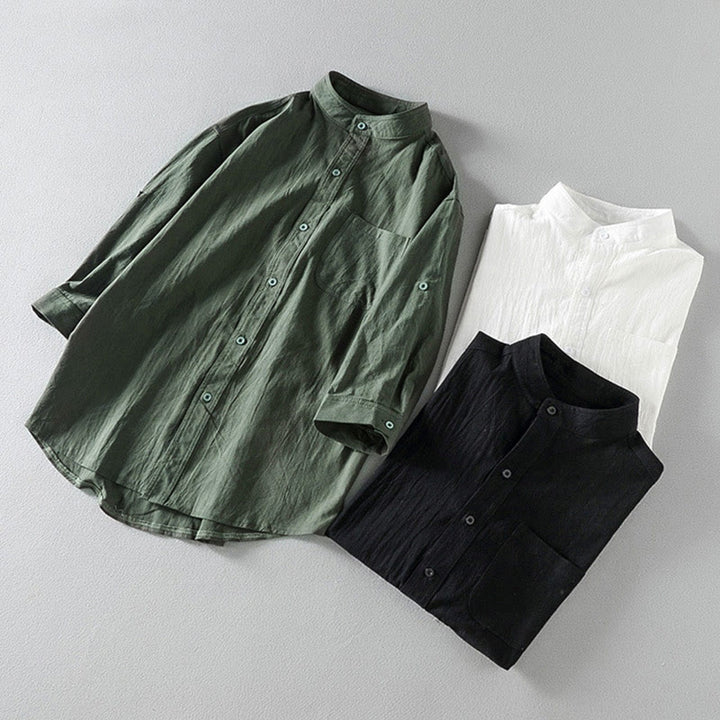 Buddha Stonesヴィンテージ カジュアル 無地 シングルブレスト 七分袖 メンズ コットンリネン シャツ ポケット付き - image 17