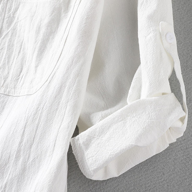 Buddha Stonesヴィンテージ カジュアル 無地 シングルブレスト 七分袖 メンズ コットンリネン シャツ ポケット付き - image 6