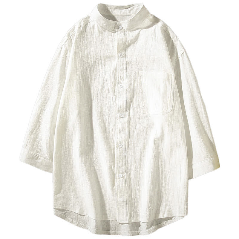 Buddha Stonesヴィンテージ カジュアル 無地 シングルブレスト 七分袖 メンズ コットンリネン シャツ ポケット付き - image 14