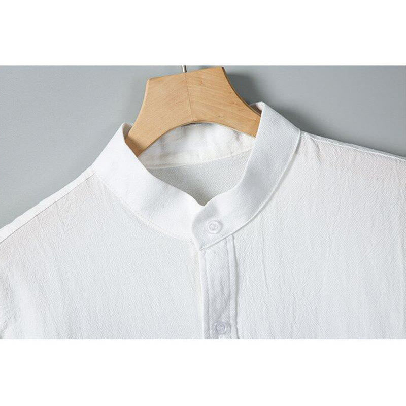 Buddha Stonesデイリープリント 無地 シングルブレスト メンズ 半袖 コットンリネン シャツ ポケット付き - image 3