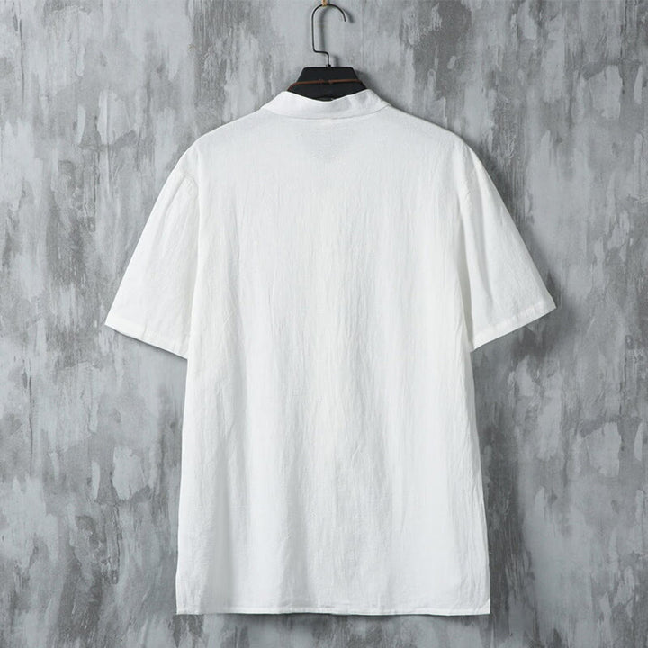 Buddha Stonesデイリーカジュアル プレーンチャイニーズフロッグボタン メンズ 半袖 コットンリネンシャツ - image 2