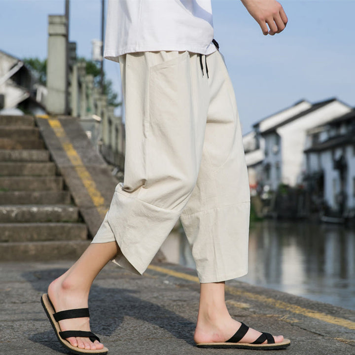 Buddha Stones夏 カジュアル シンプル 無地 テーパードデザイン ドローストリング メンズ 7-8丈 コットンリネンパンツ ポケット付き - ベージュ - US/UK/AU46、 EU56 (5XL) - image 16