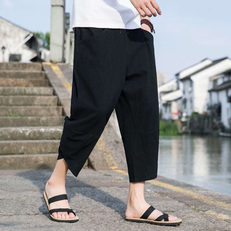 Buddha Stones夏 カジュアル シンプル 無地 テーパードデザイン ドローストリング メンズ 7-8丈 コットンリネンパンツ ポケット付き - image 8