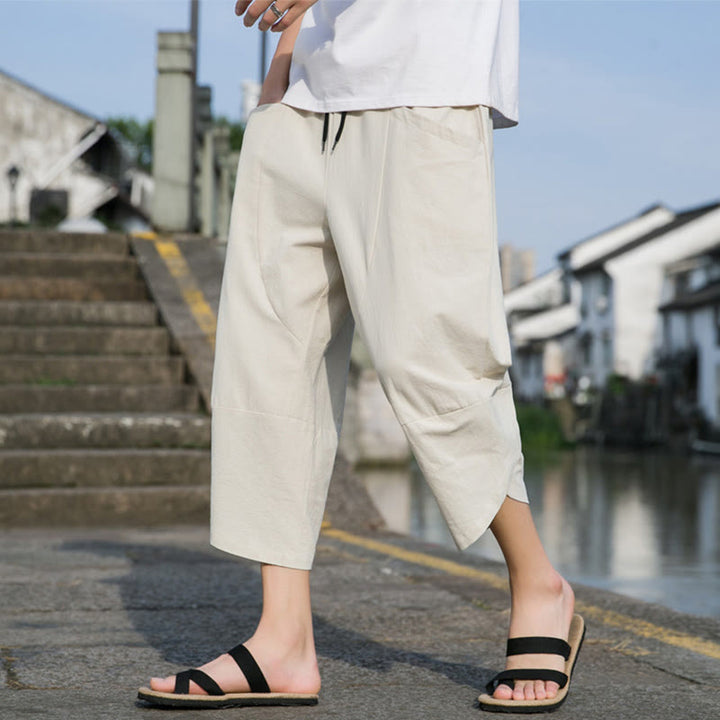 Buddha Stones夏 カジュアル シンプル 無地 テーパードデザイン ドローストリング メンズ 7-8丈 コットンリネンパンツ ポケット付き - image 17