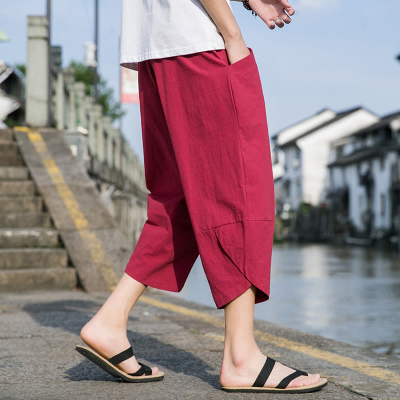 Buddha Stones夏 カジュアル シンプル 無地 テーパードデザイン ドローストリング メンズ 7-8丈 コットンリネンパンツ ポケット付き - image 23