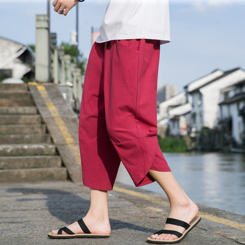 Buddha Stones夏 カジュアル シンプル 無地 テーパードデザイン ドローストリング メンズ 7-8丈 コットンリネンパンツ ポケット付き - クリムゾン - US/UK/AU46、 EU56 (5XL) - image 21