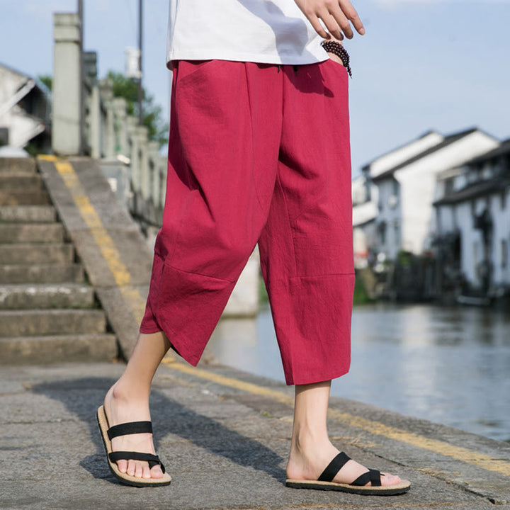 Buddha Stones夏 カジュアル シンプル 無地 テーパードデザイン ドローストリング メンズ 7-8丈 コットンリネンパンツ ポケット付き - image 24