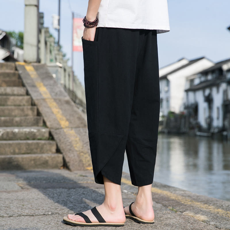 Buddha Stones夏 カジュアル シンプル 無地 テーパードデザイン ドローストリング メンズ 7-8丈 コットンリネンパンツ ポケット付き - image 7