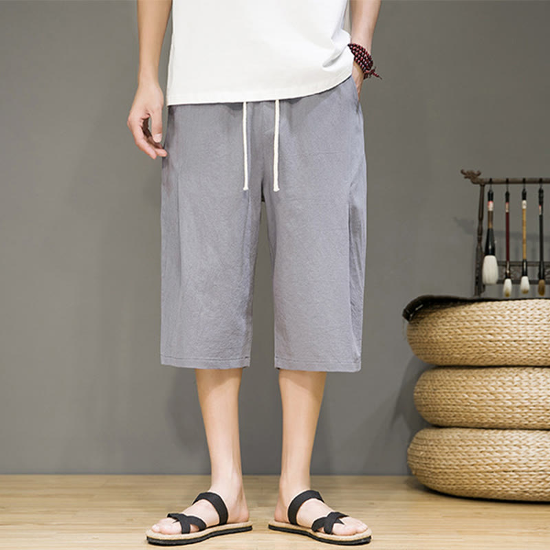 Buddha Stonesカジュアル サマー ドローストリング 無地 クロップド丈 コットンリネン メンズ ハーレムパンツ ポケット付き - image 20