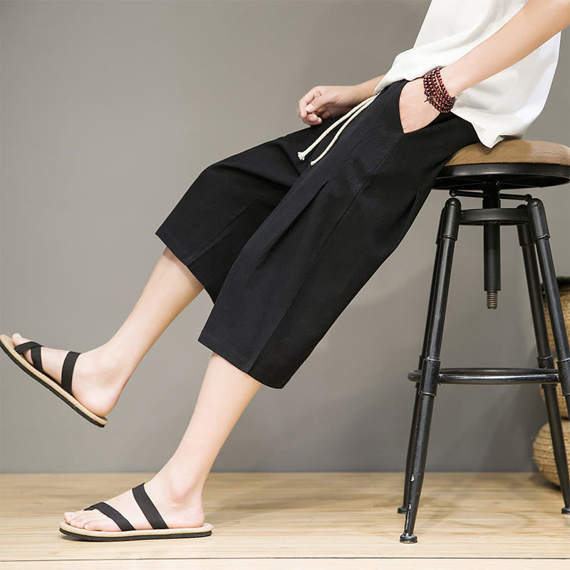 Buddha Stonesカジュアル サマー ドローストリング 無地 クロップド丈 コットンリネン メンズ ハーレムパンツ ポケット付き - 黒 - US/UK/AU46、 EU56 (5XL) - image 13