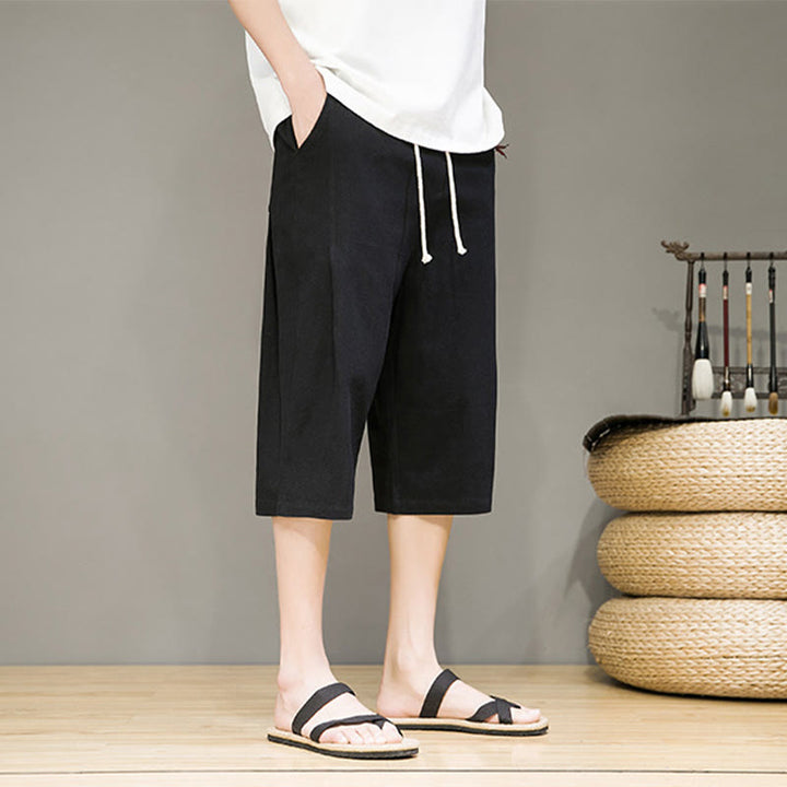 Buddha Stonesカジュアル サマー ドローストリング 無地 クロップド丈 コットンリネン メンズ ハーレムパンツ ポケット付き - image 15