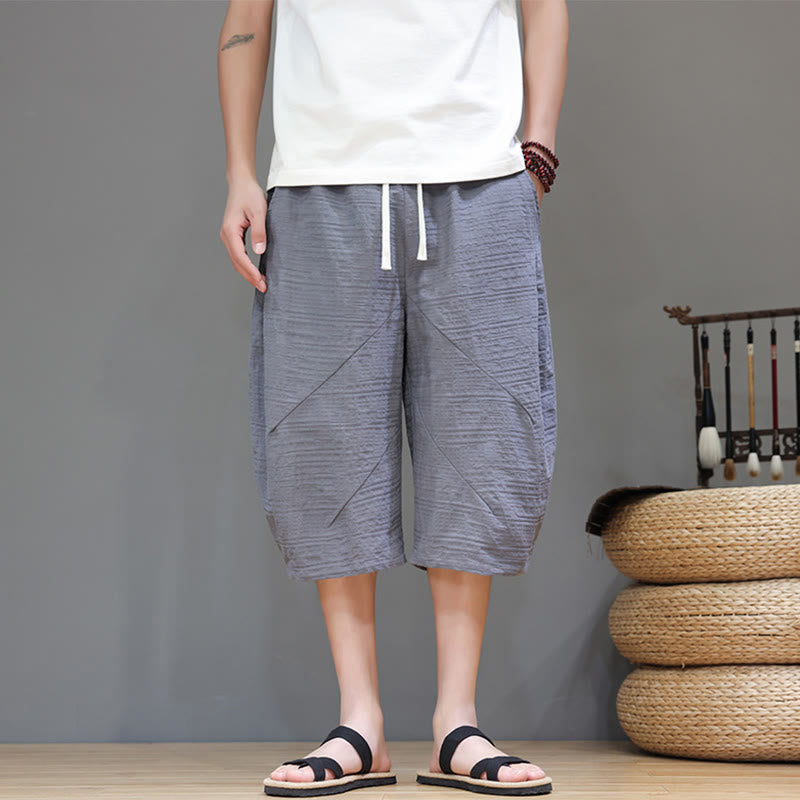 Buddha Stonesヴィンテージ ジャカード 無地 ドローストリング クロップド丈 コットンリネン メンズ ハーレムパンツ ポケット付き - image 7