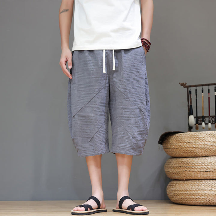 Buddha Stonesヴィンテージ ジャカード 無地 ドローストリング クロップド丈 コットンリネン メンズ ハーレムパンツ ポケット付き - image 7