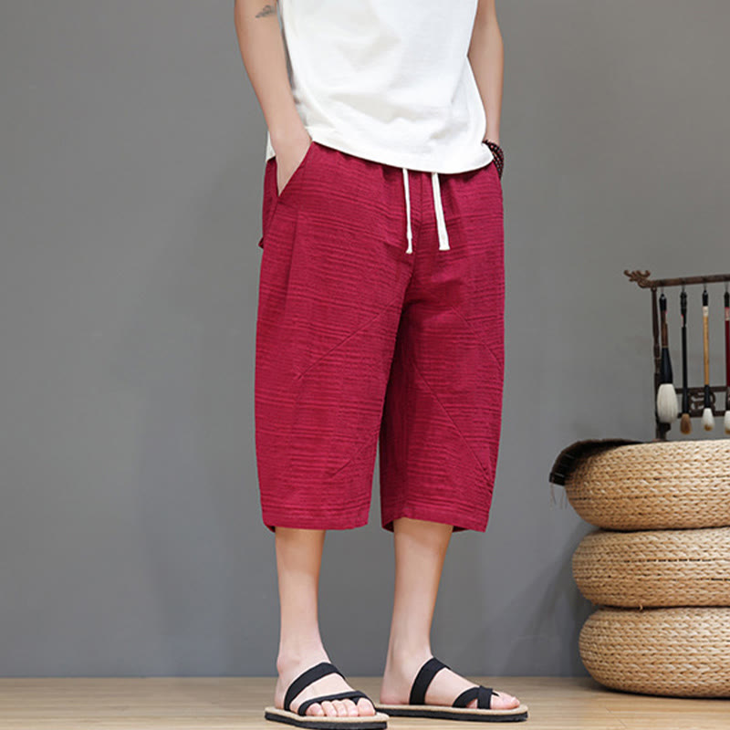 Buddha Stonesヴィンテージ ジャカード 無地 ドローストリング クロップド丈 コットンリネン メンズ ハーレムパンツ ポケット付き - image 26