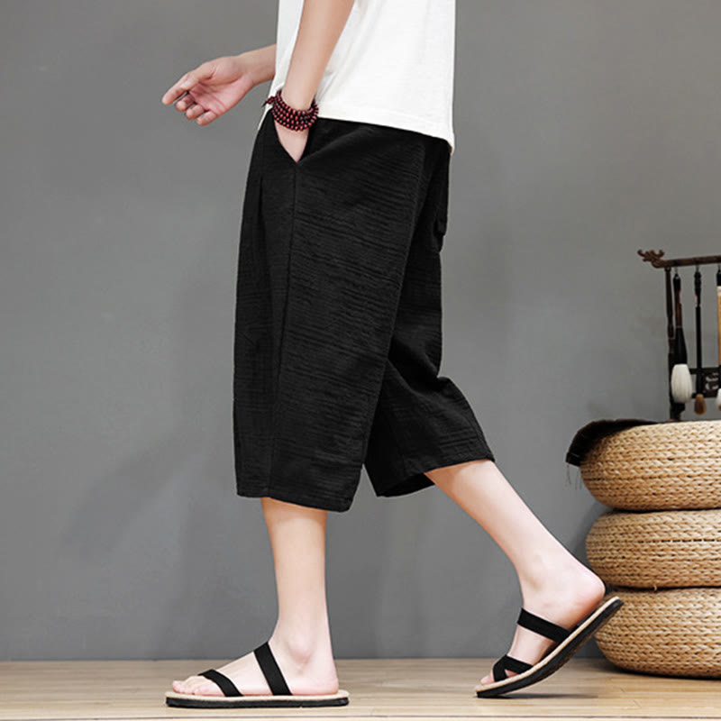 Buddha Stonesヴィンテージ ジャカード 無地 ドローストリング クロップド丈 コットンリネン メンズ ハーレムパンツ ポケット付き - image 15