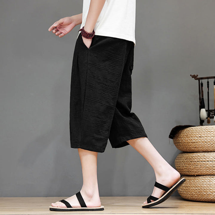 Buddha Stonesヴィンテージ ジャカード 無地 ドローストリング クロップド丈 コットンリネン メンズ ハーレムパンツ ポケット付き - image 15