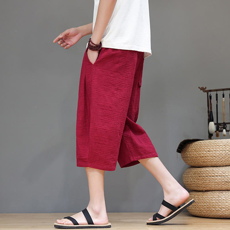 Buddha Stonesヴィンテージ ジャカード 無地 ドローストリング クロップド丈 コットンリネン メンズ ハーレムパンツ ポケット付き - image 27