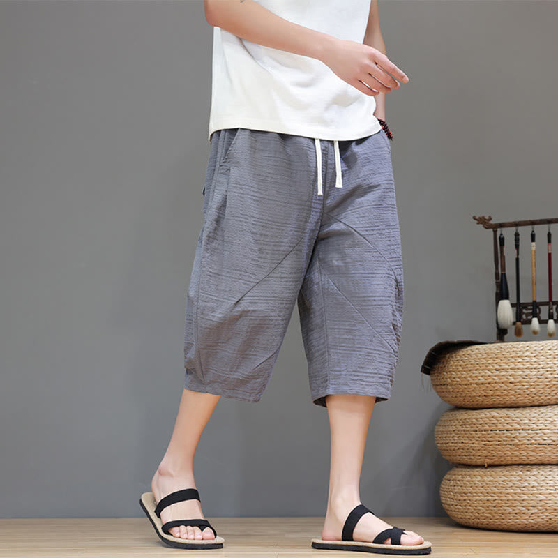 Buddha Stonesヴィンテージ ジャカード 無地 ドローストリング クロップド丈 コットンリネン メンズ ハーレムパンツ ポケット付き - image 2