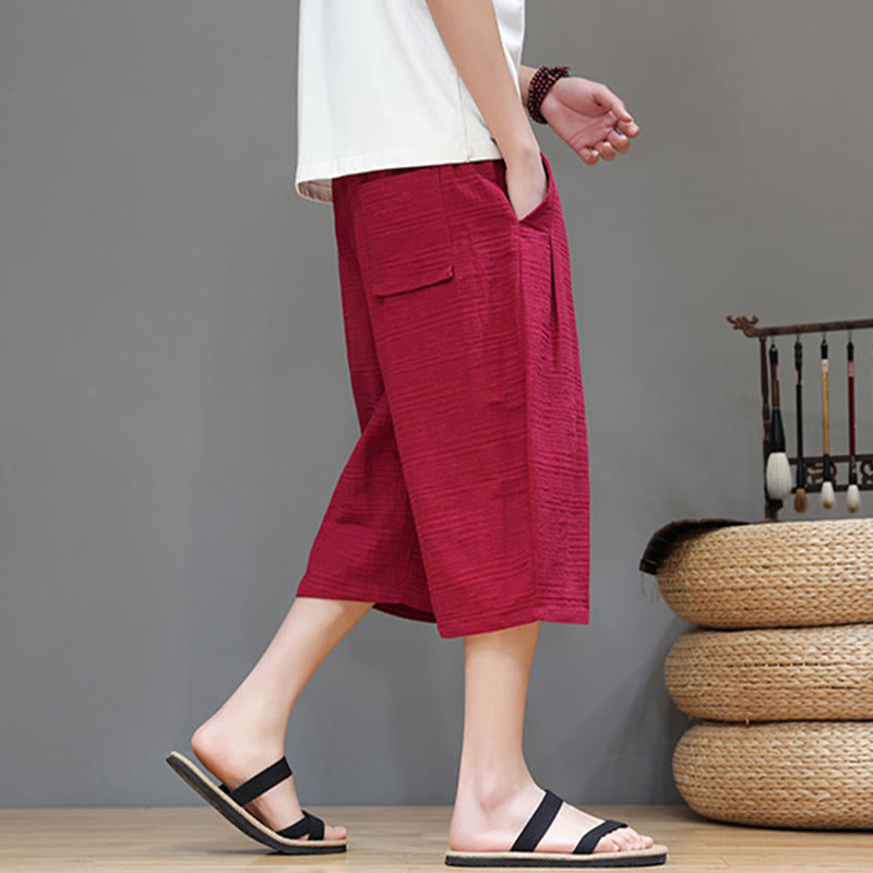 Buddha Stonesヴィンテージ ジャカード 無地 ドローストリング クロップド丈 コットンリネン メンズ ハーレムパンツ ポケット付き - image 29