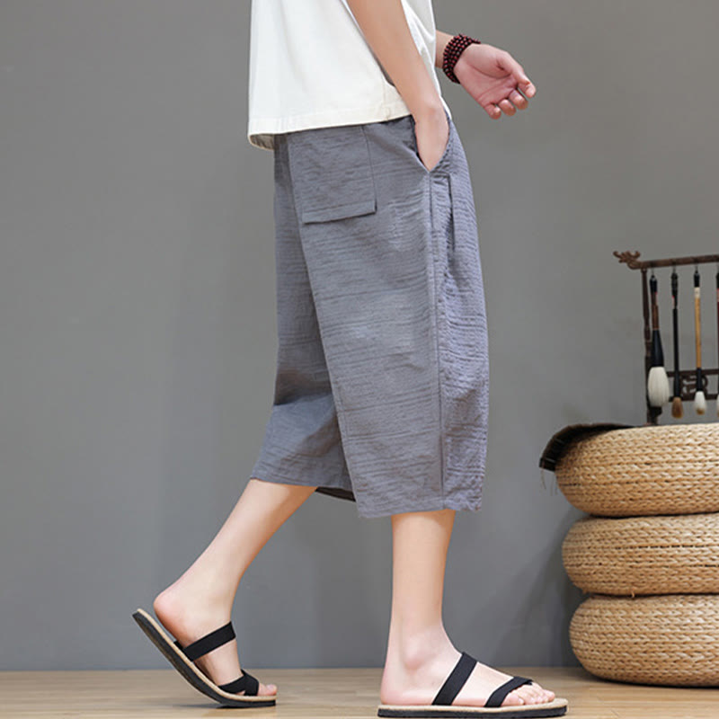 Buddha Stonesヴィンテージ ジャカード 無地 ドローストリング クロップド丈 コットンリネン メンズ ハーレムパンツ ポケット付き - image 3