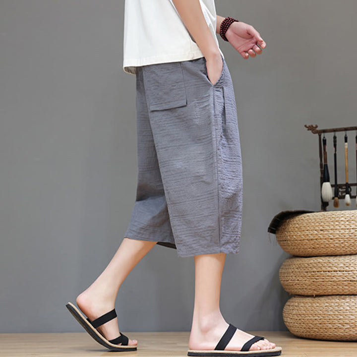 Buddha Stonesヴィンテージ ジャカード 無地 ドローストリング クロップド丈 コットンリネン メンズ ハーレムパンツ ポケット付き - image 3